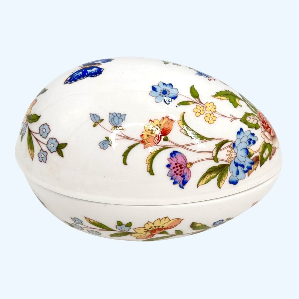 VTG AYNSLEY COTTAGE GARDEN EGG-SHAPED TRINKET BOX FLORAL BUTTERFLY BONE CHINA